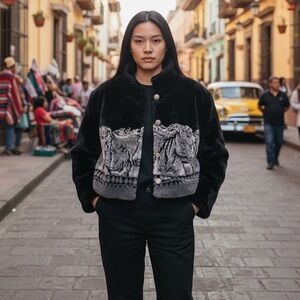 Outback Trading Company Black Faux Fur Coat Sz Small Horse Print Vintage Western